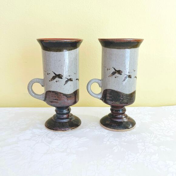 1970's Otagiri Tall Studio Pottery Bird Geese Footed Coffee Mugs, Mug, Cup, Tea - Picture 1 of 8